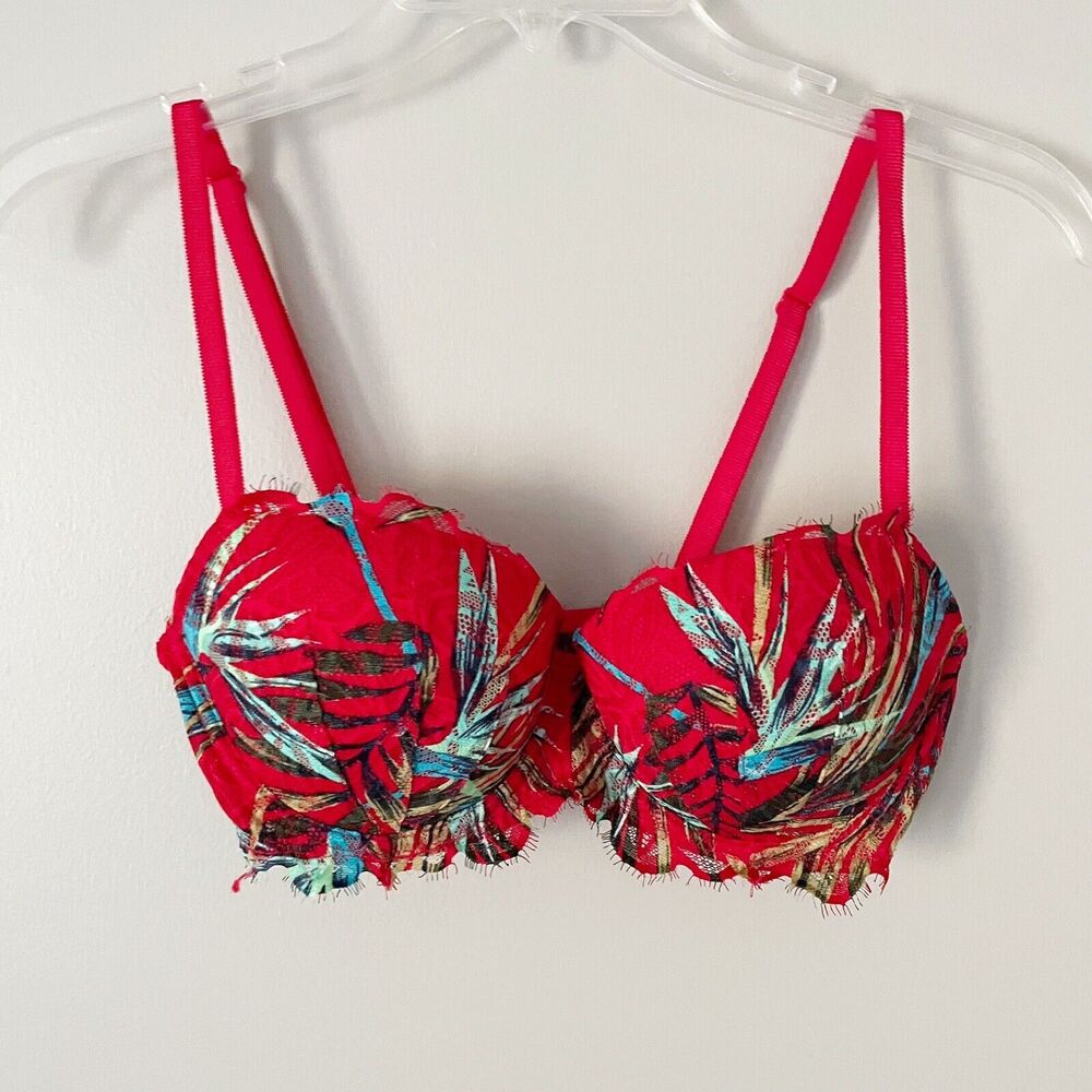 Victoria's Secret Size 36C Red Tropical Leaf Print Lace Date Push Up Bra